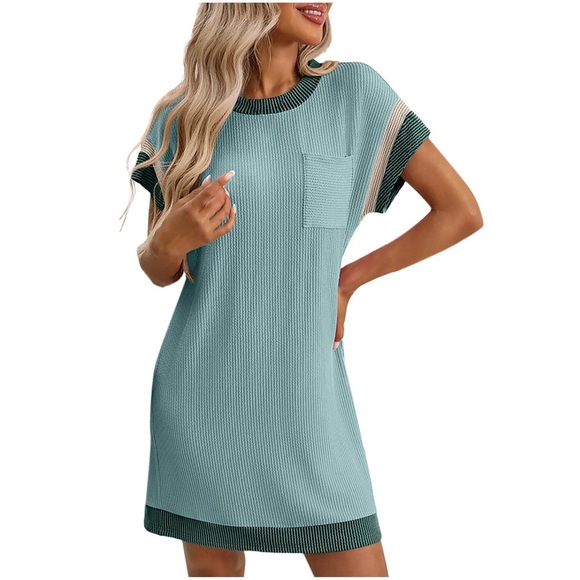 NWOT Women’s XL Casual T-Shirt Dress Aqua Green Ribbed Knit Short Sleeve Shift. - Picture 1 of 7
